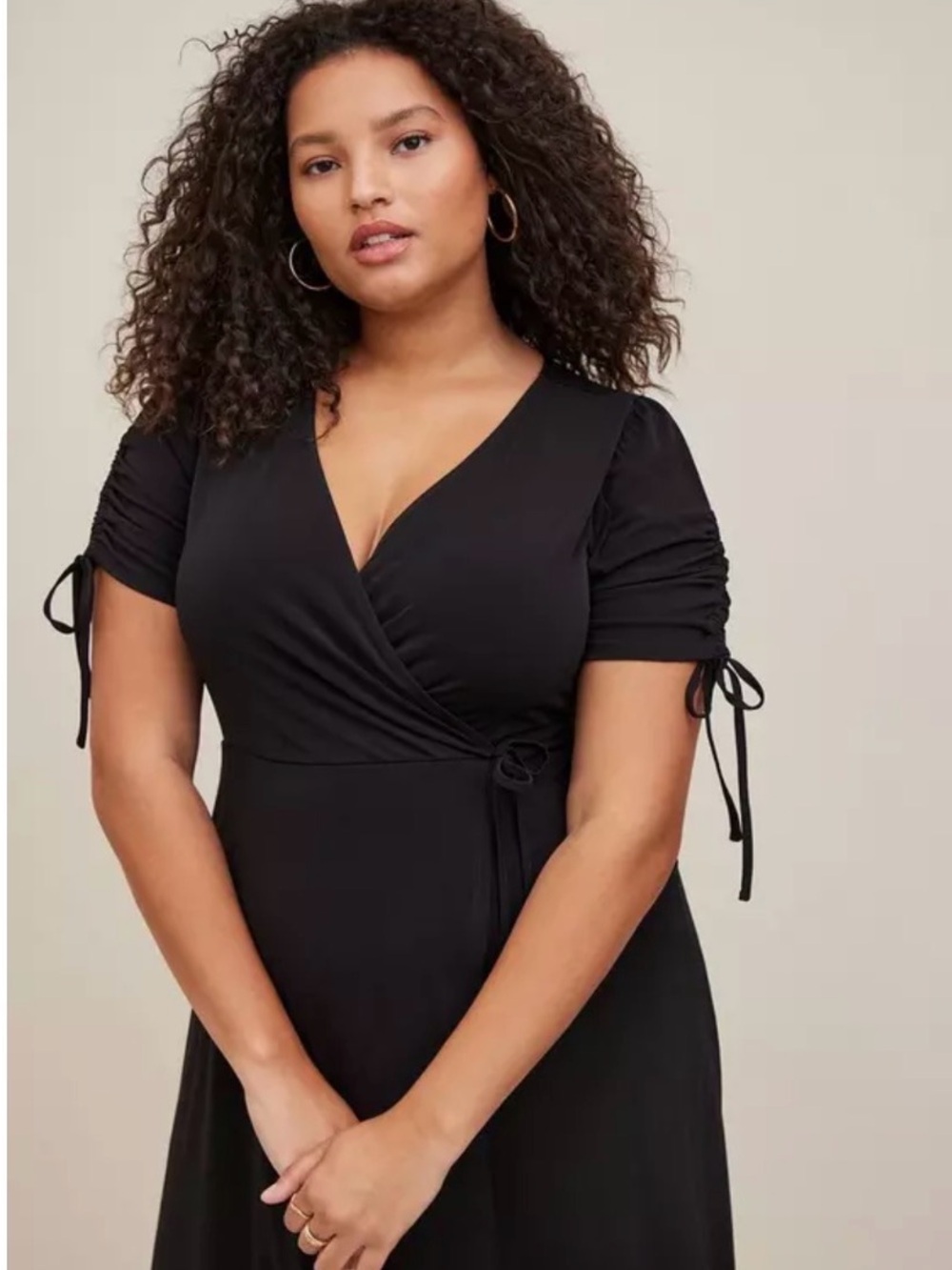 NWOT Black A-line Midi Wrap Dress with Tie-Detail Sleeves